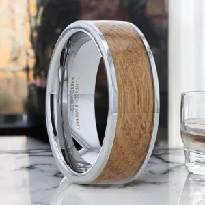 MALT | Silver Tungsten Ring, Whiskey Barrel Inlay, Flat Polished Edges