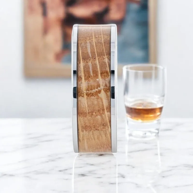 MALT | Silver Tungsten Ring, Whiskey Barrel Inlay, Flat Polished Edges