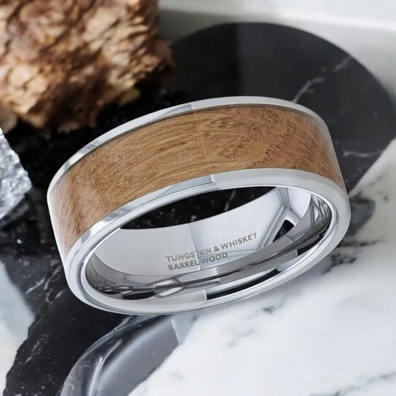 MALT | Silver Tungsten Ring, Whiskey Barrel Inlay, Flat Polished Edges
