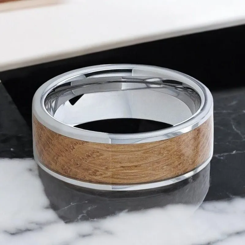 MALT | Silver Tungsten Ring, Whiskey Barrel Inlay, Flat Polished Edges