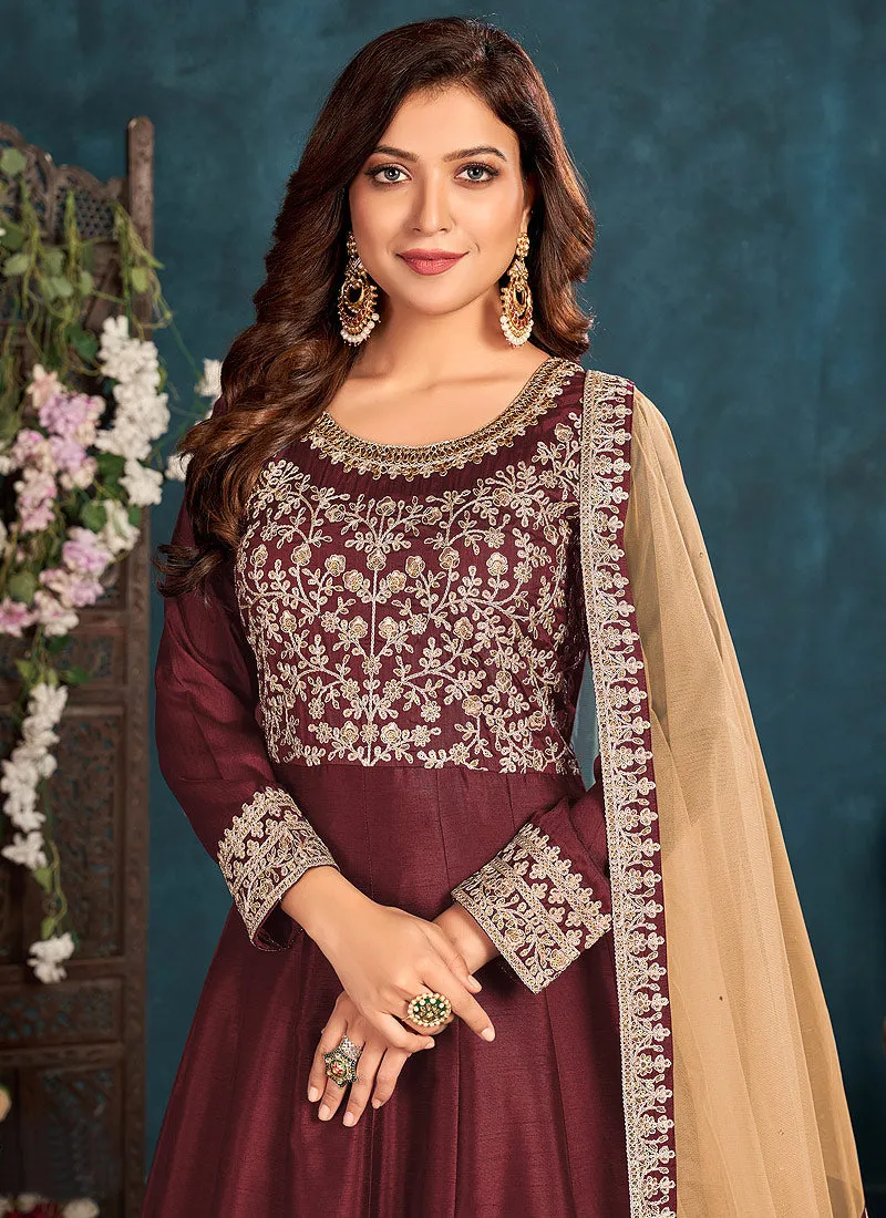 Maroon Embroidered Belt Style Silk Anarkali Suit