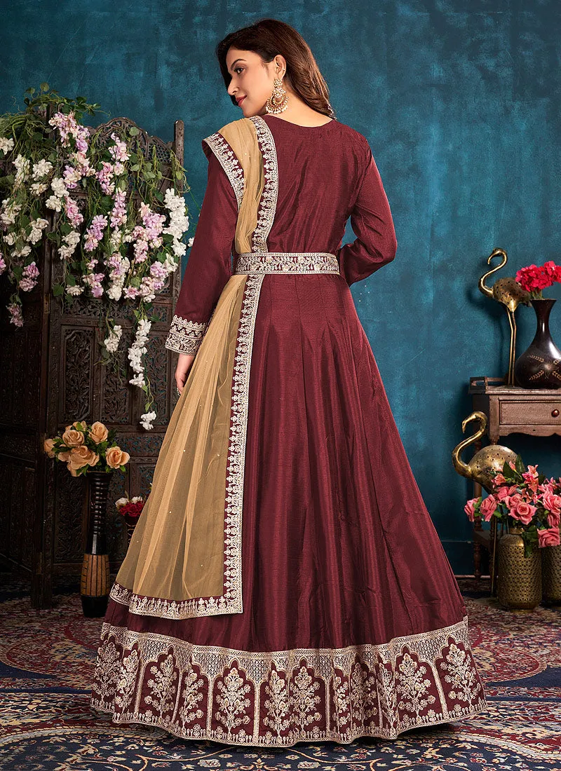 Maroon Embroidered Belt Style Silk Anarkali Suit