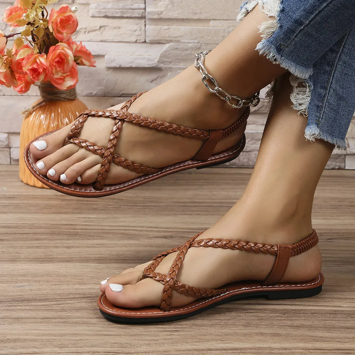 MEARA - Women's Braided Strap Flat Sandals