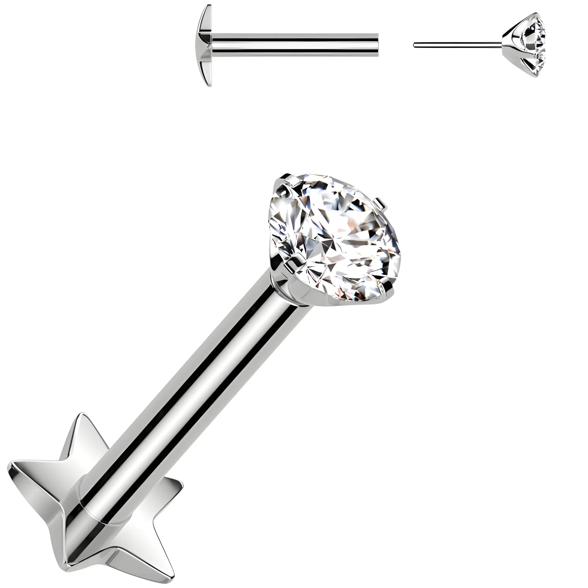 Medical Grade Titanium Flat Back Earring 18 Gauge 3mm CZ Reversible Star