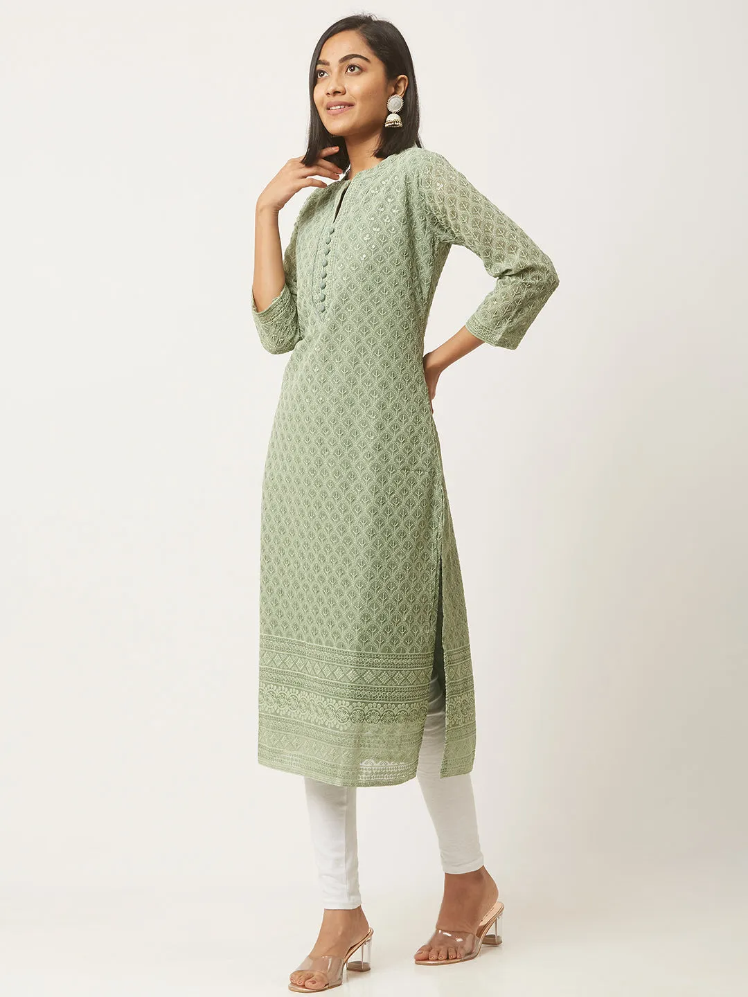 Mehandi Georgette Mandarin Collar Neck 3/4th Sleeves Chikankari Embroidery Ethnic Wear Kurta for Women - ZOLA