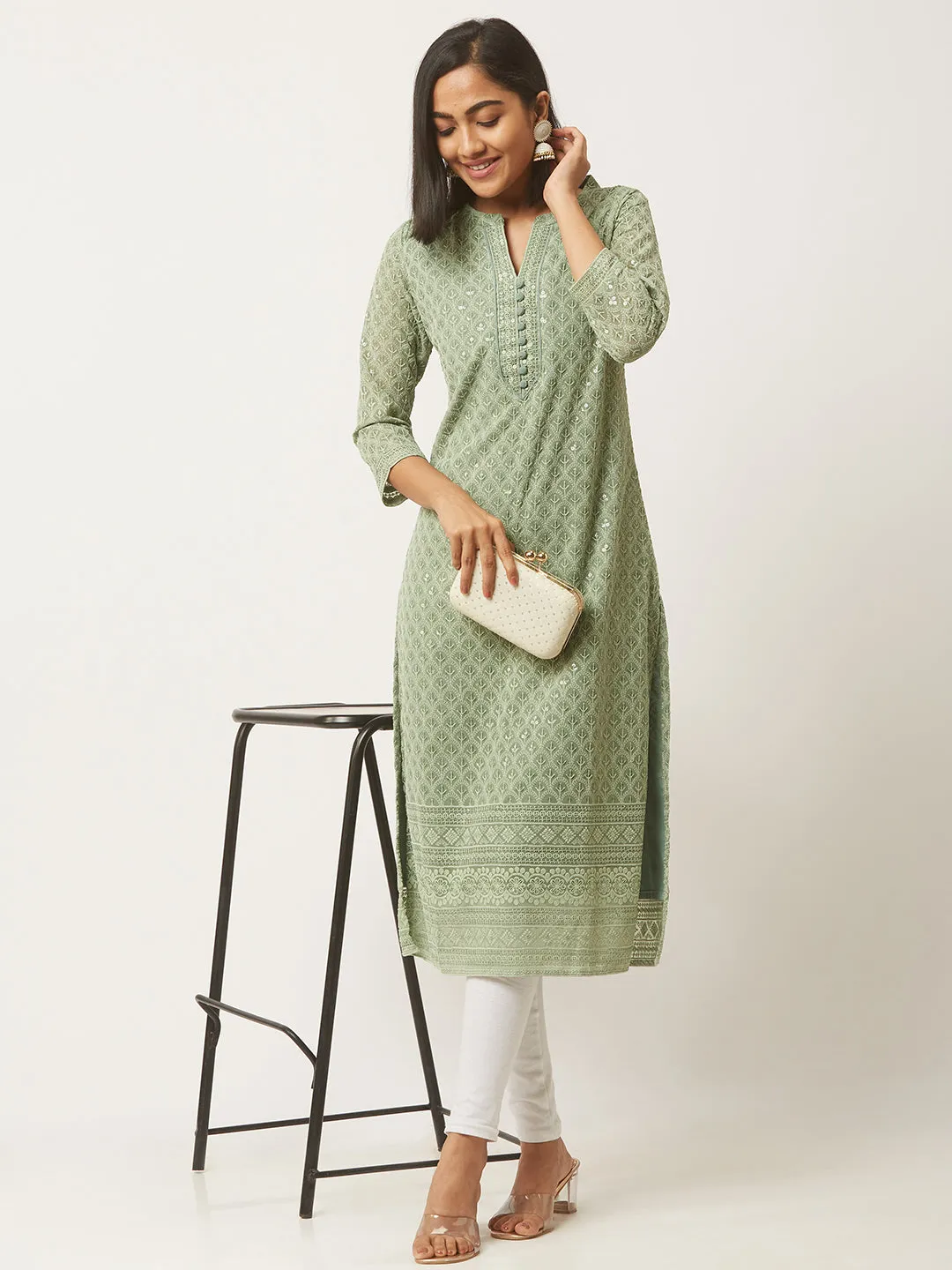 Mehandi Georgette Mandarin Collar Neck 3/4th Sleeves Chikankari Embroidery Ethnic Wear Kurta for Women - ZOLA