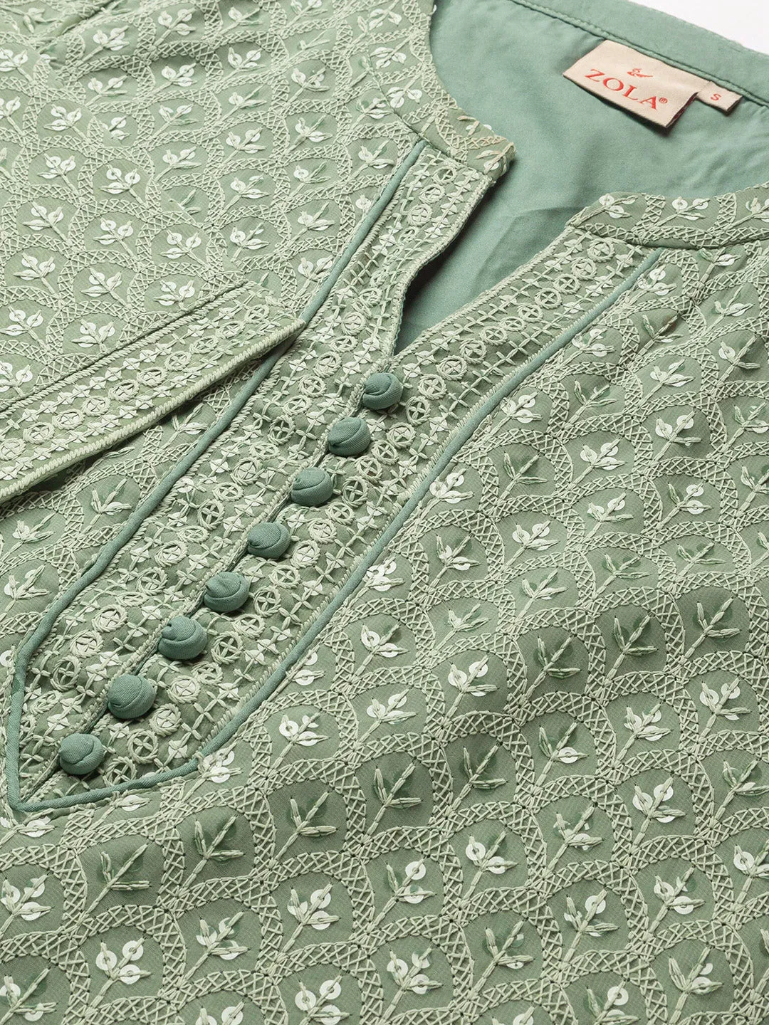 Mehandi Georgette Mandarin Collar Neck 3/4th Sleeves Chikankari Embroidery Ethnic Wear Kurta for Women - ZOLA