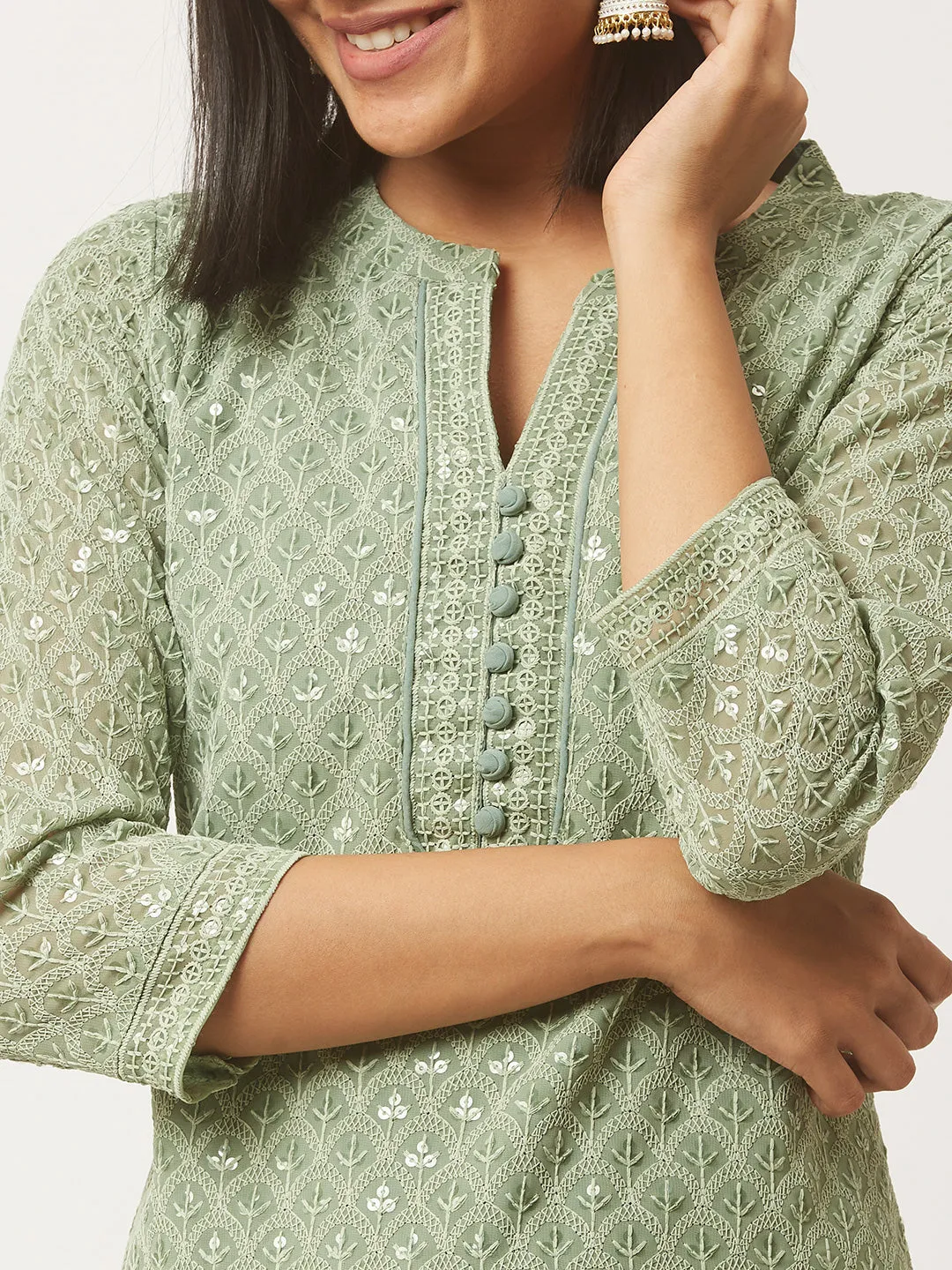 Mehandi Georgette Mandarin Collar Neck 3/4th Sleeves Chikankari Embroidery Ethnic Wear Kurta for Women - ZOLA
