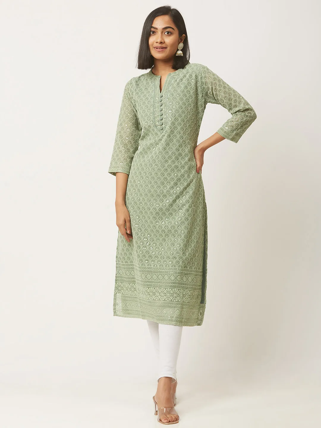Mehandi Georgette Mandarin Collar Neck 3/4th Sleeves Chikankari Embroidery Ethnic Wear Kurta for Women - ZOLA