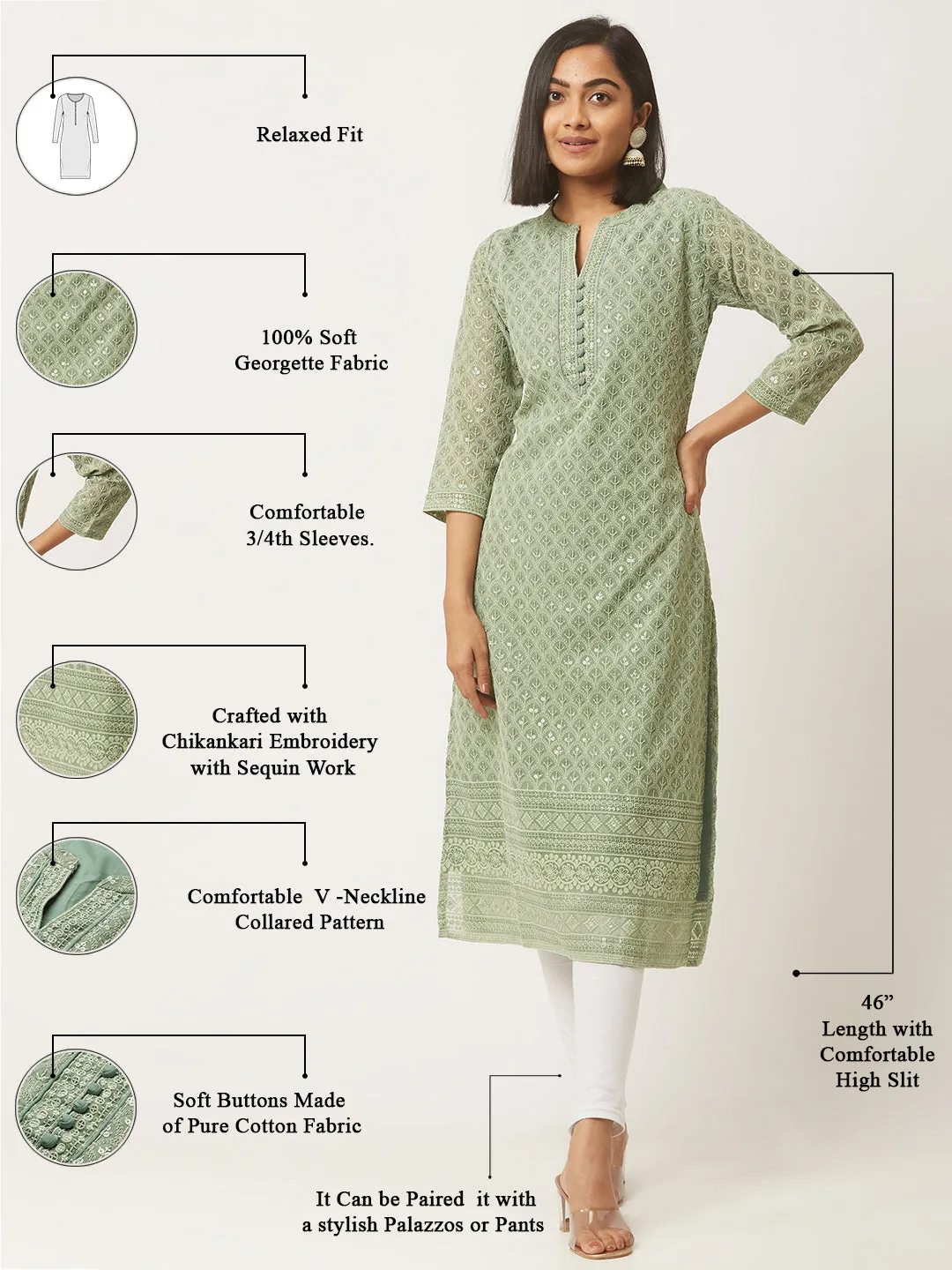Mehandi Georgette Mandarin Collar Neck 3/4th Sleeves Chikankari Embroidery Ethnic Wear Kurta for Women - ZOLA