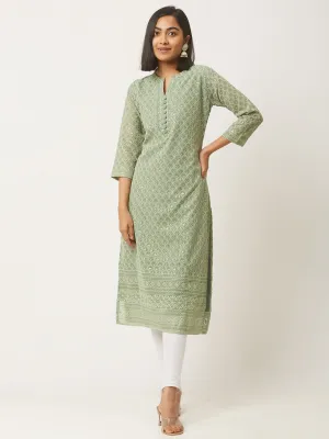 Mehandi Georgette Mandarin Collar Neck 3/4th Sleeves Chikankari Embroidery Ethnic Wear Kurta for Women - ZOLA