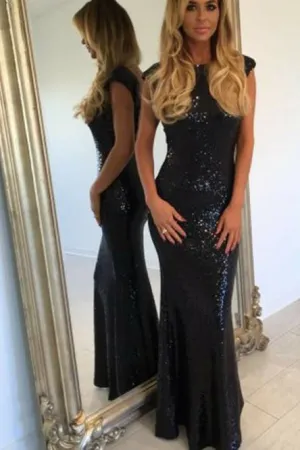 Mermaid Bateau Backless Floor-Length Black Sequined Prom Dress OHC055