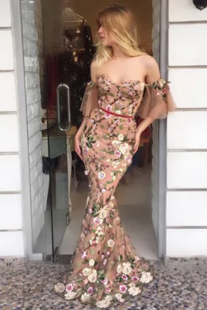Mermaid Off-the-Shoulder Short Sleeves Champagne Prom Dress with Appliques OHC033