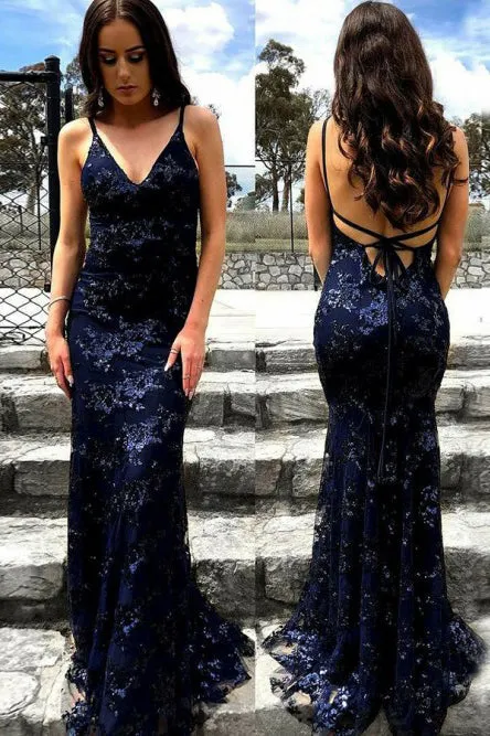 Mermaid Spaghetti Straps Backless Navy Blue Prom Dress with Appliques OHC017