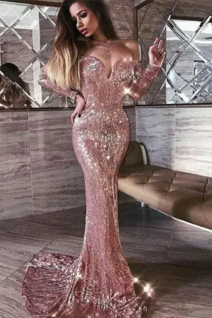 Mermaid Sweetheart Sweep Train Long Sleeves Sequins Prom/Evening Dress OHC169