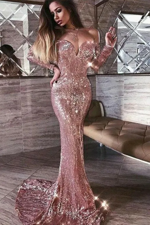 Mermaid Sweetheart Sweep Train Long Sleeves Sequins Prom/Evening Dress OHC169