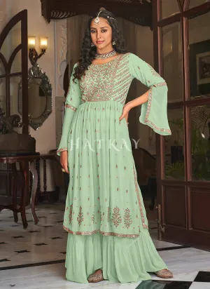 Mint Green Embroidered Georgette Festive Palazzo Suit