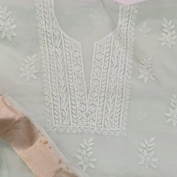 Mint Green Lucknow Chinkari Organza Kurti Set unstitched