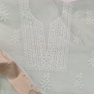 Mint Green Lucknow Chinkari Organza Kurti Set unstitched