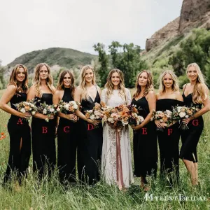 Mismatched Black Satin Long Bridesmaid Dresses, Cheap Bridesmaid Dresses, BDS0022