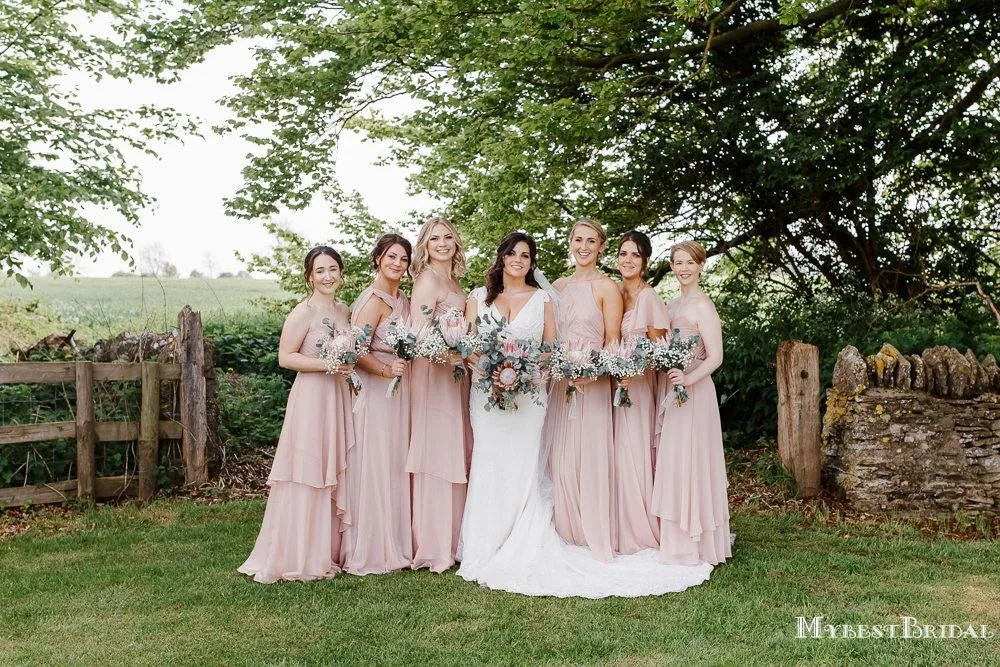 Mismatched Charming Simple Pink Chiffon A-line Long Cheap Bridesmaid Dresses, BDS0036