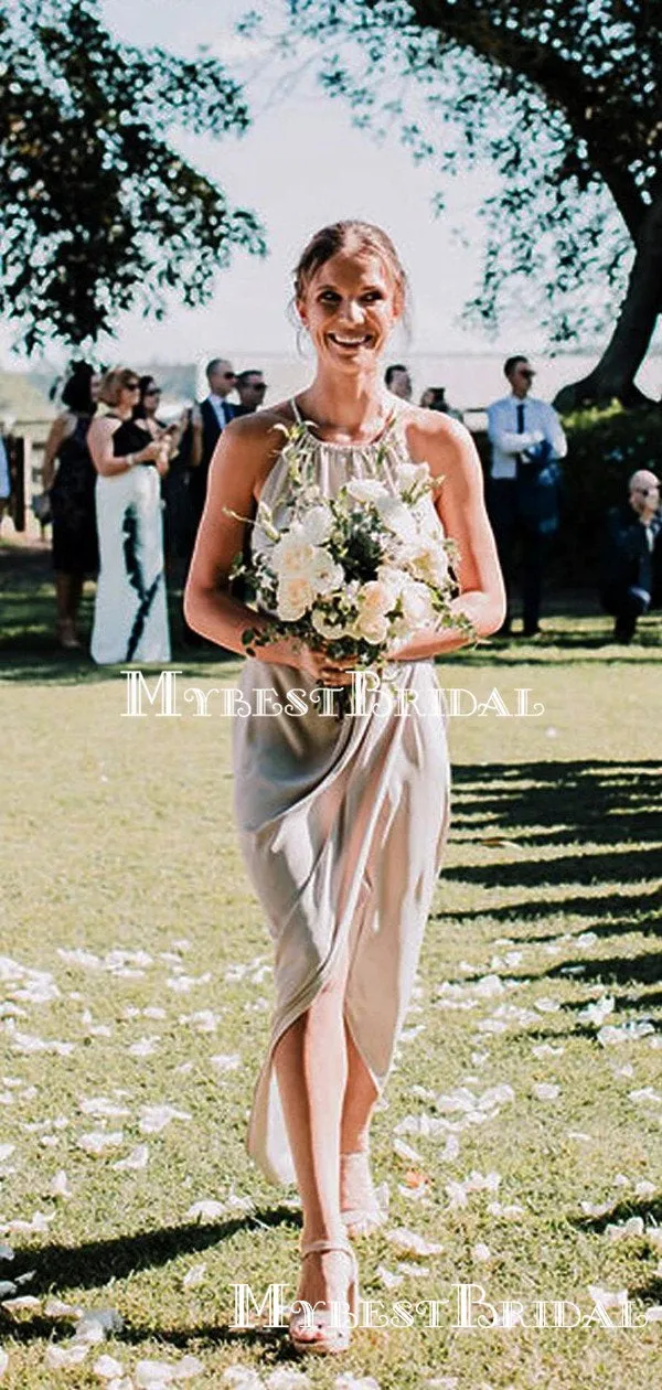 Mismatched Grey Halter Double Fdy A-line Long Cheap Bridesmaid Dresses, BDS0074