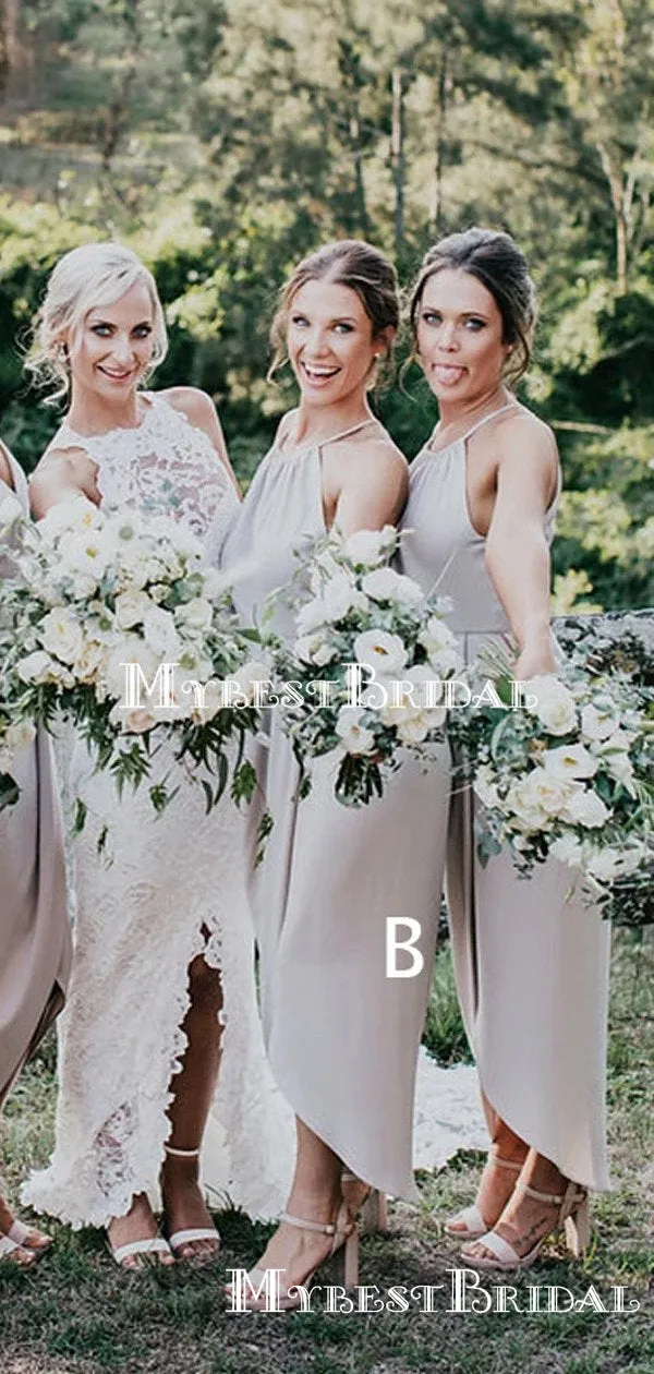 Mismatched Grey Halter Double Fdy A-line Long Cheap Bridesmaid Dresses, BDS0074