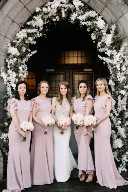 Modest Mermaid Floor Length Chiffon Long Rose Pink Bridesmaid Dress with Sleeves OHS144