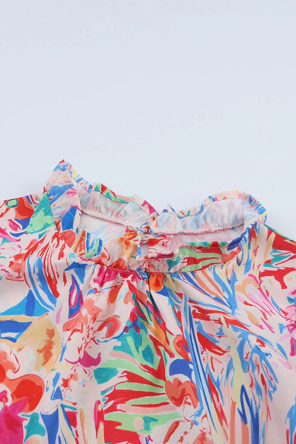 Multicolor Abstract Striped Patchwork Ruffled Short Sleeve Blouse