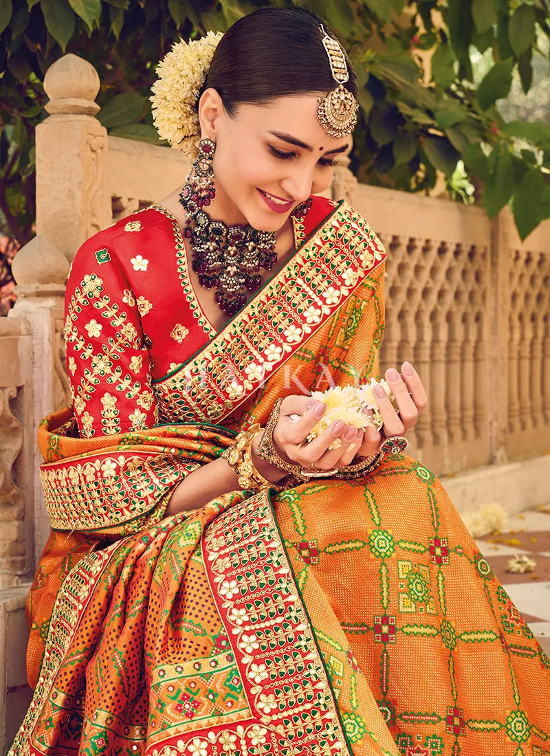 Mustard Yellow And Red Multi Embroidery Traditional Wedding Saree