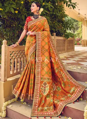 Mustard Yellow And Red Multi Embroidery Traditional Wedding Saree