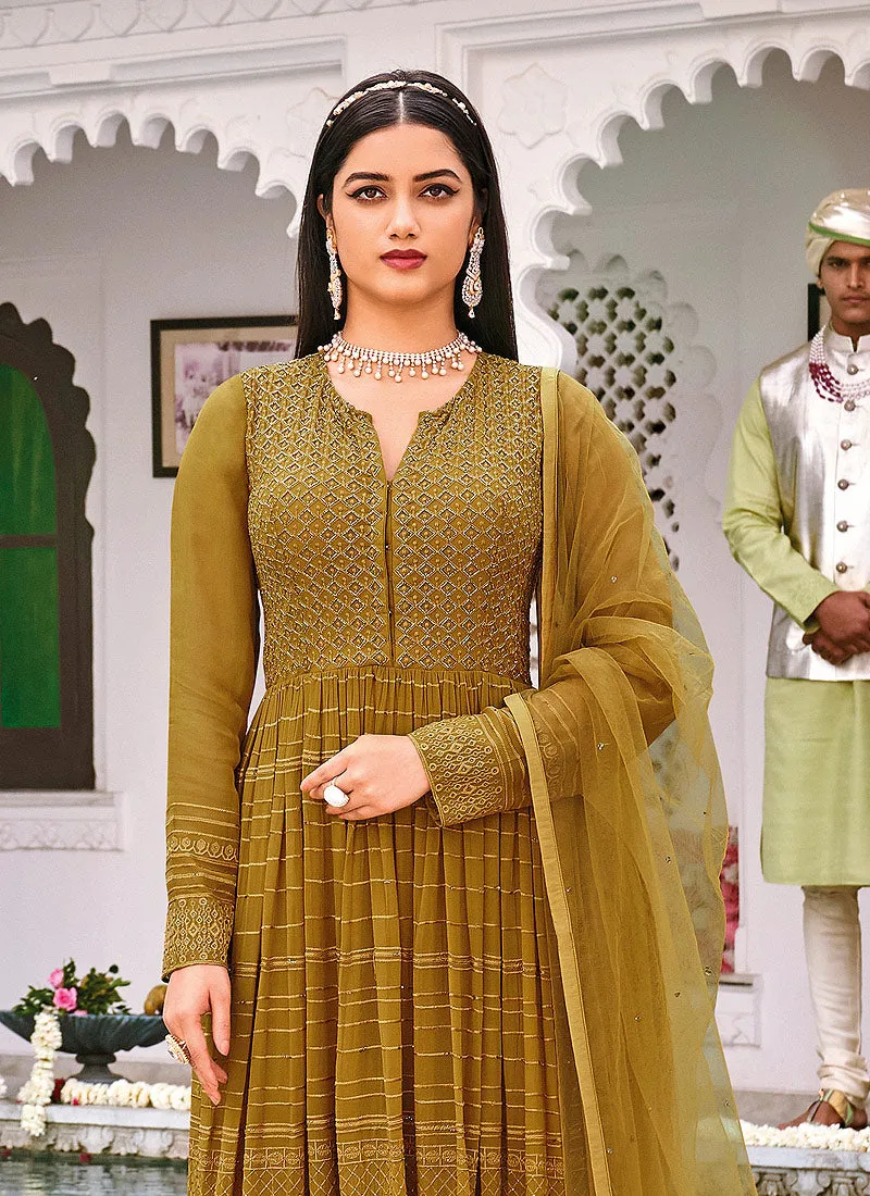 Mustard Yellow Embroidered Anarkali Style Gharara Suit