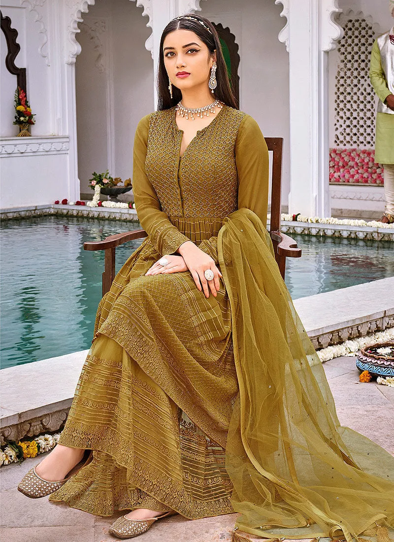 Mustard Yellow Embroidered Anarkali Style Gharara Suit