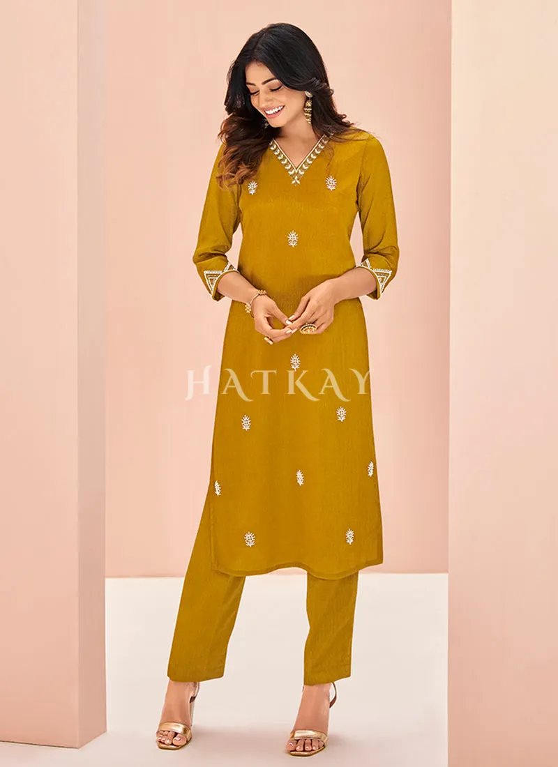 Mustard Yellow Handwork Kurta And Pant Suit