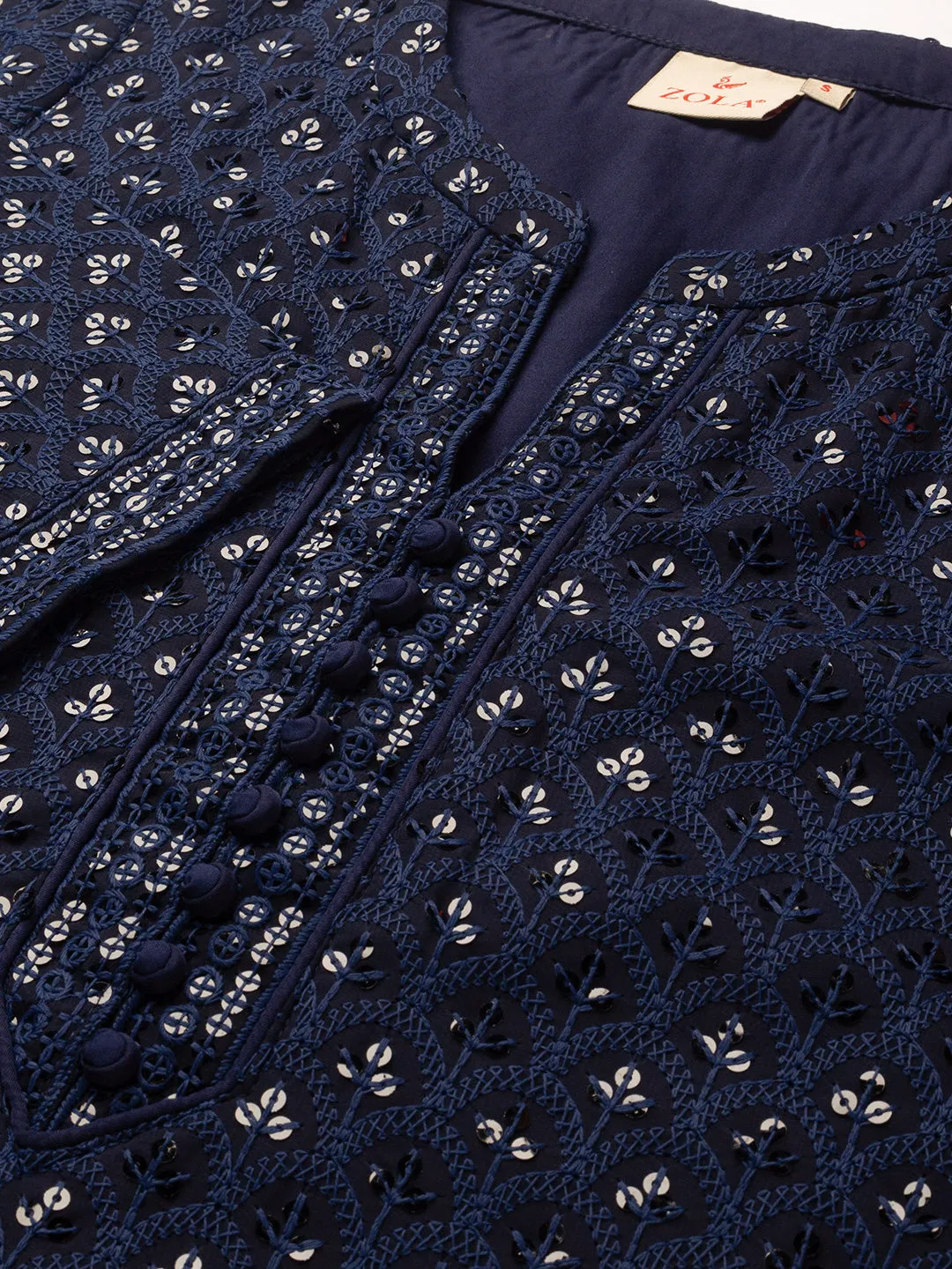 Navy Blue Georgette Mandarin Collar Neck 3/4th Sleeves Chikankari Embroidery Ethnic Wear Kurta for Women - ZOLA