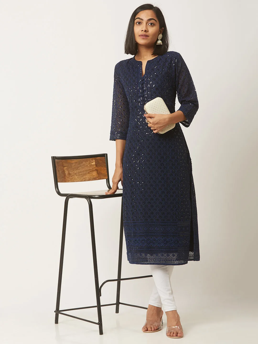 Navy Blue Georgette Mandarin Collar Neck 3/4th Sleeves Chikankari Embroidery Ethnic Wear Kurta for Women - ZOLA