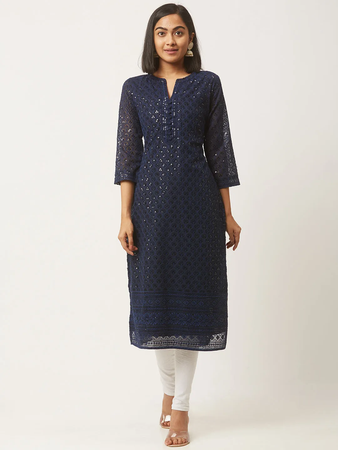 Navy Blue Georgette Mandarin Collar Neck 3/4th Sleeves Chikankari Embroidery Ethnic Wear Kurta for Women - ZOLA