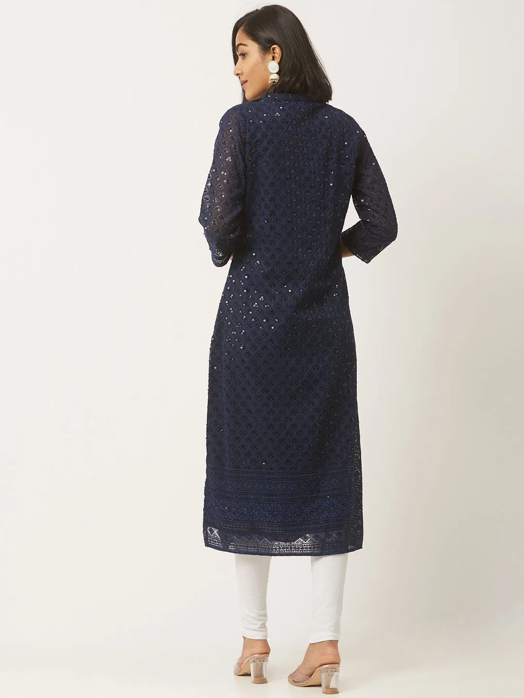 Navy Blue Georgette Mandarin Collar Neck 3/4th Sleeves Chikankari Embroidery Ethnic Wear Kurta for Women - ZOLA