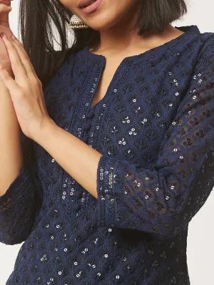 Navy Blue Georgette Mandarin Collar Neck 3/4th Sleeves Chikankari Embroidery Ethnic Wear Kurta for Women - ZOLA
