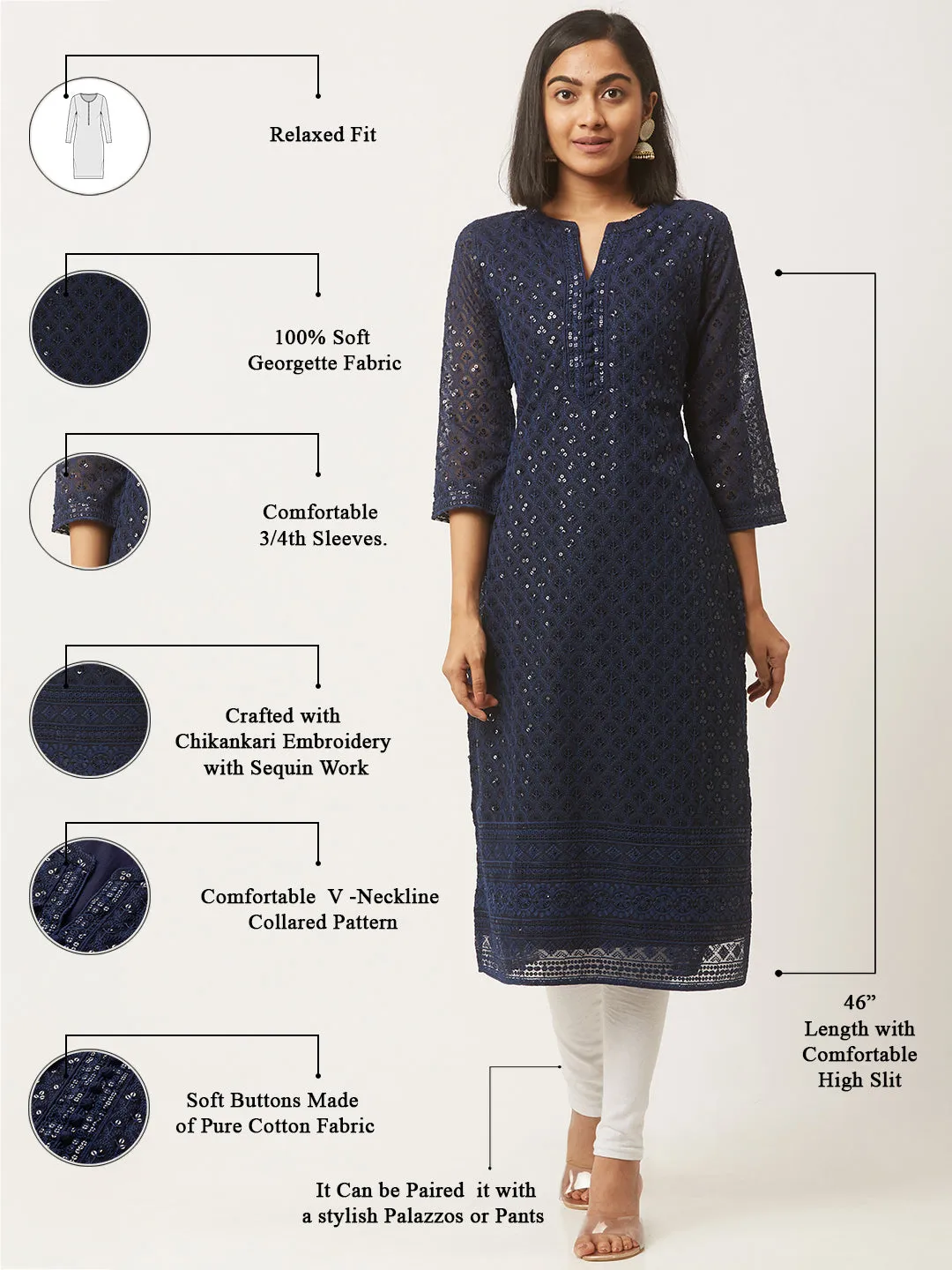 Navy Blue Georgette Mandarin Collar Neck 3/4th Sleeves Chikankari Embroidery Ethnic Wear Kurta for Women - ZOLA