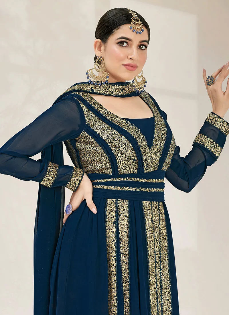 Navy Blue Sequence Embroidery Wedding Anarkali Gown
