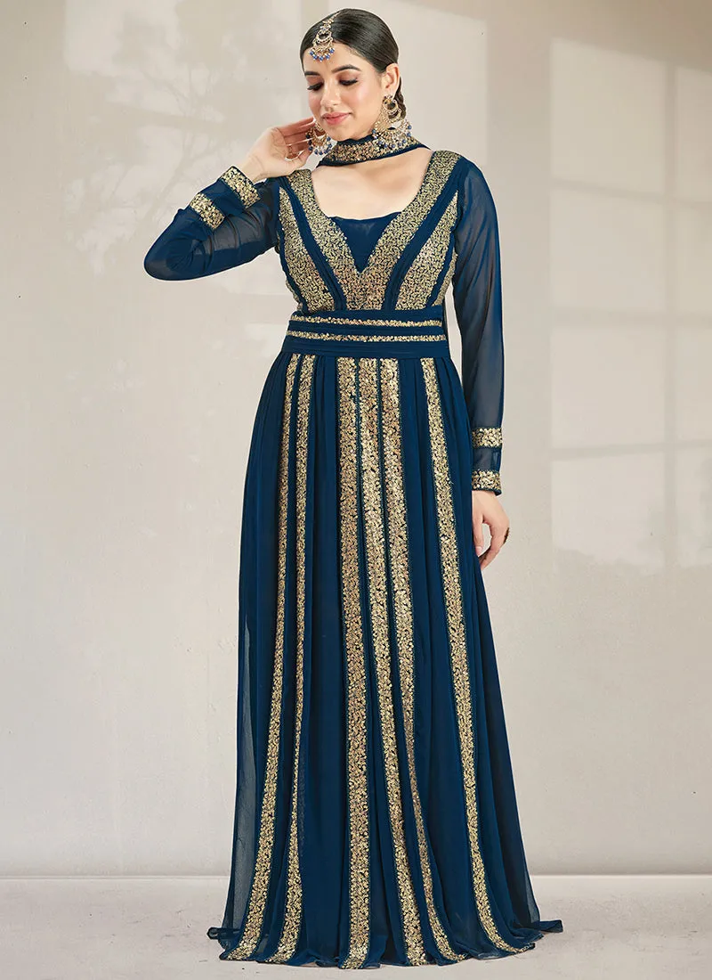 Navy Blue Sequence Embroidery Wedding Anarkali Gown