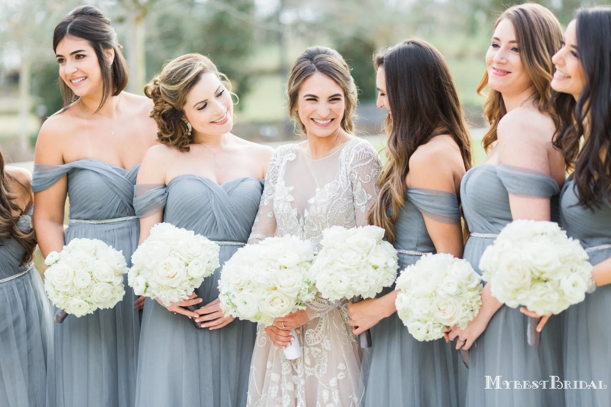 New Arrival Off-The-Shoulder Dusty Blue Tulle A-line Long Cheap Bridesmaid Dresses, BDS0069