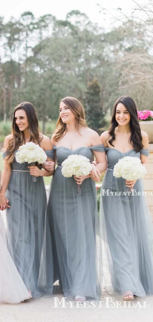 New Arrival Off-The-Shoulder Dusty Blue Tulle A-line Long Cheap Bridesmaid Dresses, BDS0069