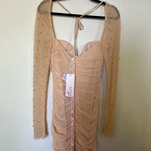 Oh Polly Peach Mesh Ruched Mini Dress