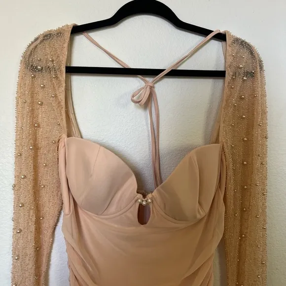 Oh Polly Peach Mesh Ruched Mini Dress