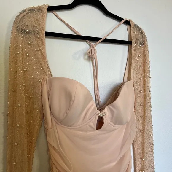 Oh Polly Peach Mesh Ruched Mini Dress