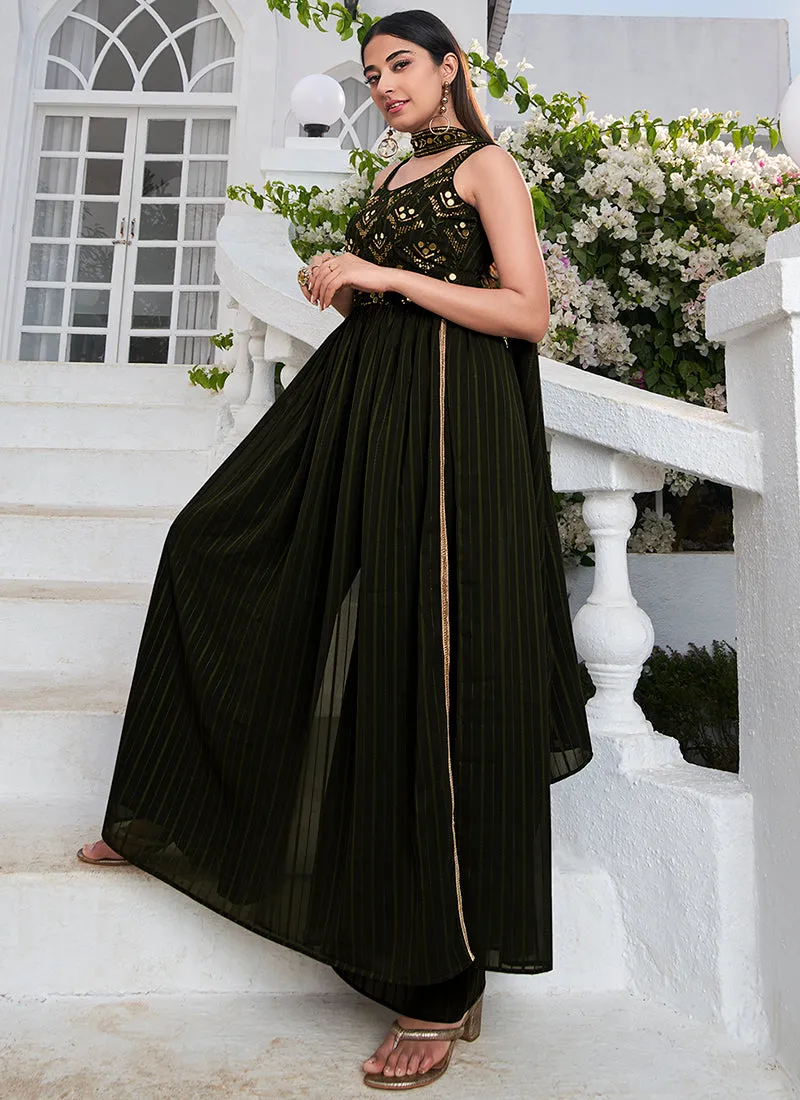 Olive Green Embroidery High Slit Anarkali Suit