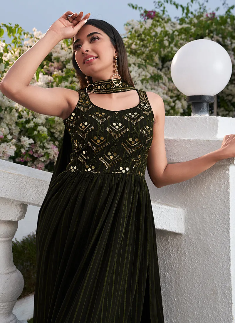 Olive Green Embroidery High Slit Anarkali Suit
