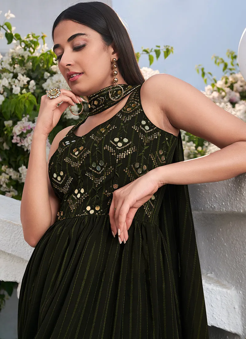 Olive Green Embroidery High Slit Anarkali Suit